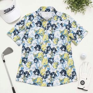 Bette & Court Women's Floral Golf‎ Polo Shirt Size Small Blue Yellow 1/4 Zip